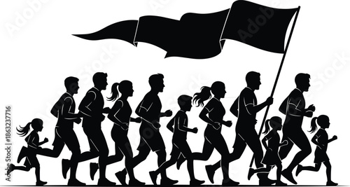 Silhouette group of diverse people running together with large waving flag representing unity, teamwork, leadership, motivation, and collective success.