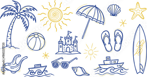 Hand Drawn Summer Beach Vacation Doodle Elements Set Line Sketch Vector Illustration