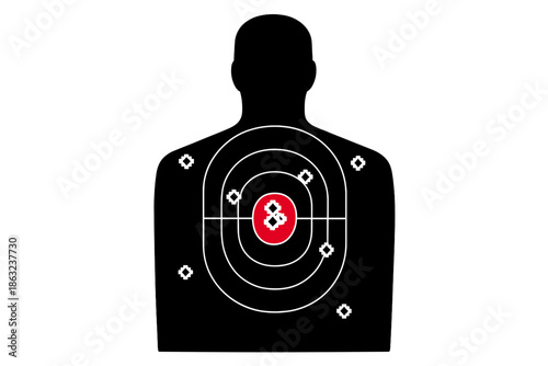 Shooting target with bullet holes and red bullseye