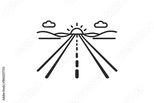 Line art icon of a road leading to the horizon with a sunrise and clouds
