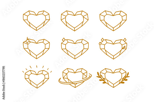 Nine Glowing Yellow Heart Gemstones with Unique Embellishments