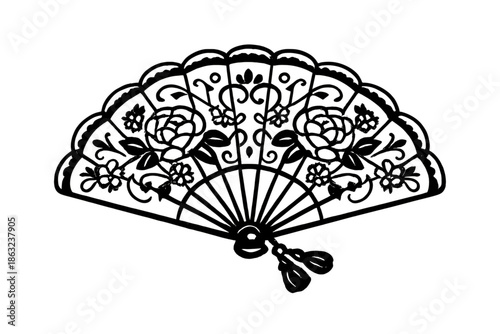 Ornate Black Lace Fan with Rose Motifs