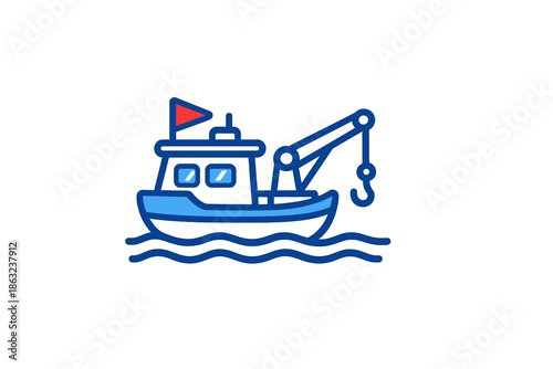 Blue fishing boat with crane and red flag