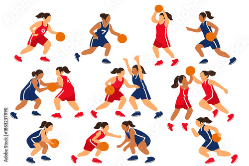 Diverse group of female basketball players in action