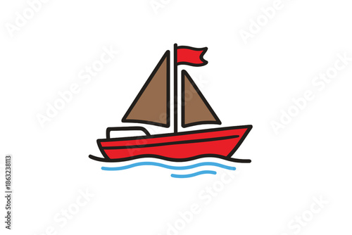 Red sailboat on blue water with brown sails