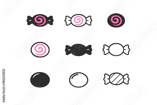 Collection of stylized candy icons on a dark background