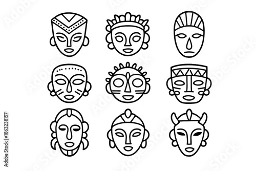 Collection of stylized African tribal masks icons