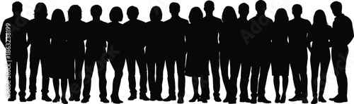 Silhouette group of diverse people standing together in line, teamwork unity and community concept vector illustration on white background.