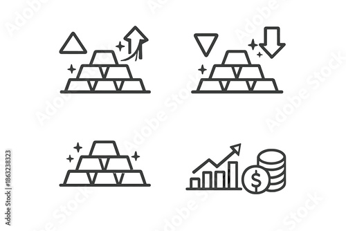 Gold bar icons showing increase, decrease, stable market, and financial growth