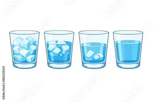 Four glasses of water with ice cubes