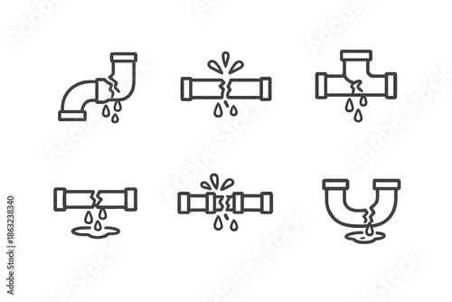 Set of icons depicting leaking and broken pipes
