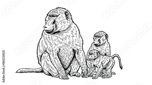 Family of Monkeys With Adult and Two Young Ones, Bonding in a Natural Jungle Scene