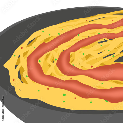 A vector display of a spaghetti dish sprinkled with chili and sauce