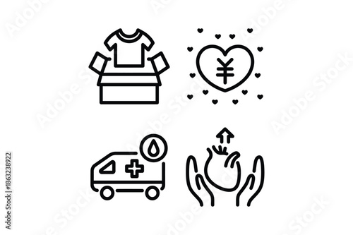 Charity and donation concept with various icons aid help support relief donate