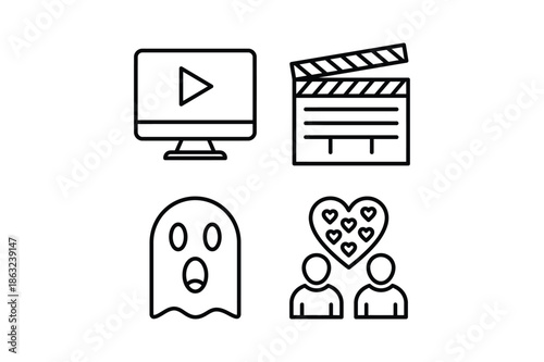 Four black line icons for video play movie clap ghost and social media love