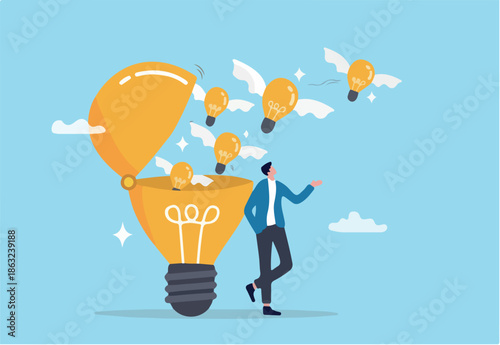 Idea generation, creativity or innovation to inspire new ideas, invention and knowledge, imagination or wisdom for solution concept, young adult man open lightbulb to develop and generate new ideas.
