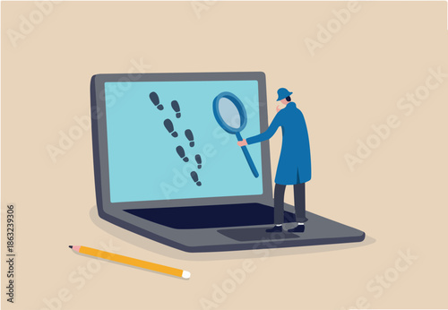 Website visitor tracking or digital footprint, analyze user behavior or track bounce rate concept, businessman detective using magnifying glass to track visitor footpath on laptop computer.