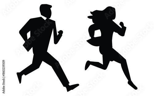 Running business people silhouettes of man and woman rushing for work deadline