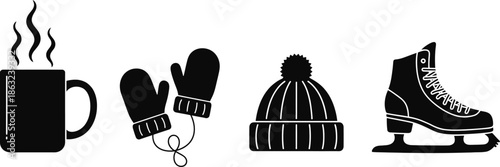 A collection of winter themed icons including a hot drink mittens a beanie and a skate on transparent background high-quality