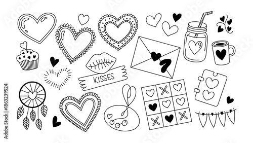 Love's Collection: A collection of various hand-drawn doodles expressing romantic love. Contains heart, cupcake, kisses and other element.