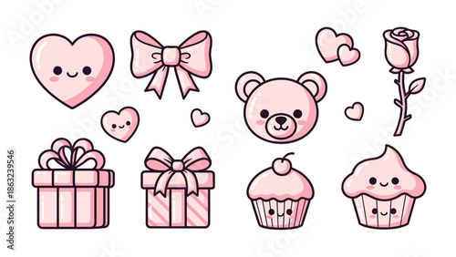 Joyful Collection of Cute Illustrations: A curated set of charming, hand-drawn illustrations featuring a heart, a bow, a teddy bear, a rose, gifts, and a cupcake.