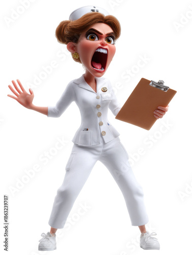 Animated nurse yelling with clipboard in hand