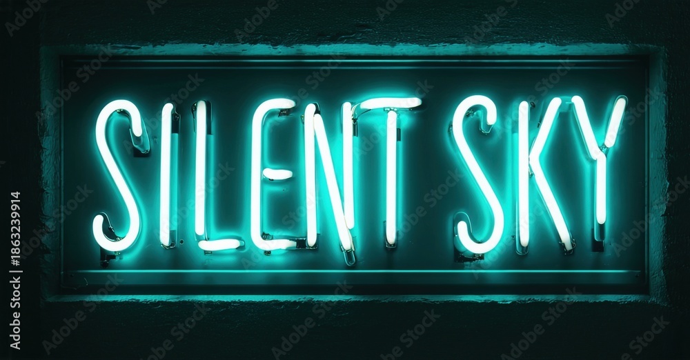 Obraz premium Bright neon sign displays Silent Sky. Turquoise glow contrasts dark background. Rectangular frame adds definition. Simple, modern aesthetic.