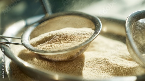 tennessine. Flour sifting through mesh sieve into bowl on kitchen counter. menu design, packaging mockups, designed for food delivery and cloud-kitchen brand materials, simplifies recipe learning.
