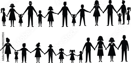 Silhouette illustration of happy family holding hands together including parents and children representing unity love and togetherness concept