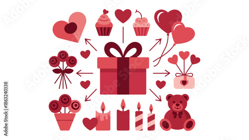Valentine's Day Assortment: Adorable illustrations capture the essence of romance, with gift, hearts, cupcakes, roses, candles, and teddy bears, all radiating warmth and affection.