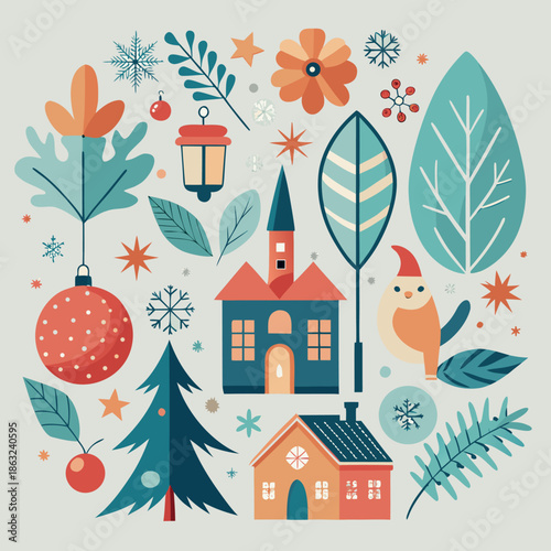 This eps file showcases a scandinavian inspired christmas illustration set created in adobe illustrator featuring a detailed design and color scheme