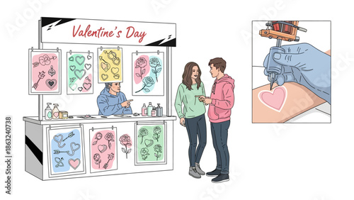 Valentine's Day Tattoo Selection: A couple, entwined in the promise of love, considers custom tattoos, choosing a unique design to celebrate their relationship.