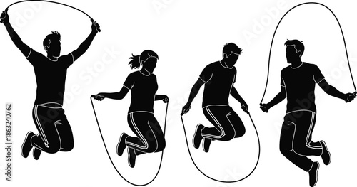 Silhouette illustration of people jumping rope for fitness exercise and cardio workout activity promoting healthy lifestyle and physical training concept.
