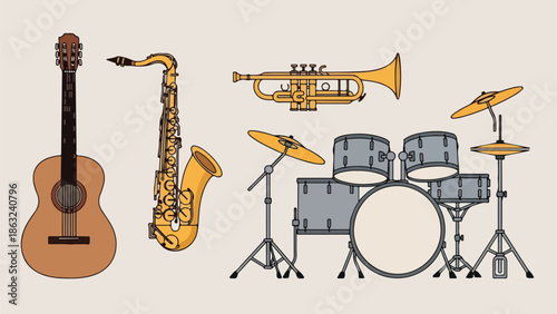 Musical instruments illustration featuring guitar, saxophone, trumpet, and drum set in a Whisk styled arrangement