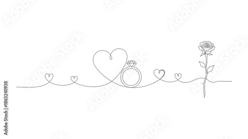 Eternal Love: Minimalist linear art showcases the tender romance of a diamond ring, embraced by a heart, a symbol of eternal love. 