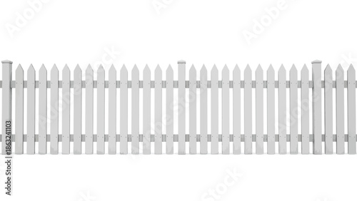 A long white picket fence stretches across a plain background