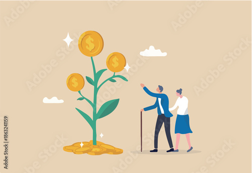 Retirement pension fund, investment profit or earning for retiree, 401k or savings and senior financial planning, wealth management concept, elderly couple, grandpa look at money growth plant profit.
