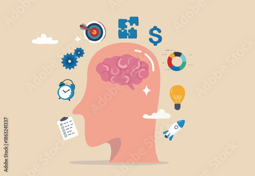 Genius or expert to develop or learning new skills, brainstorming, knowledge or wisdom, competence or intelligence to improve capability concept, human brain with success business management elements.