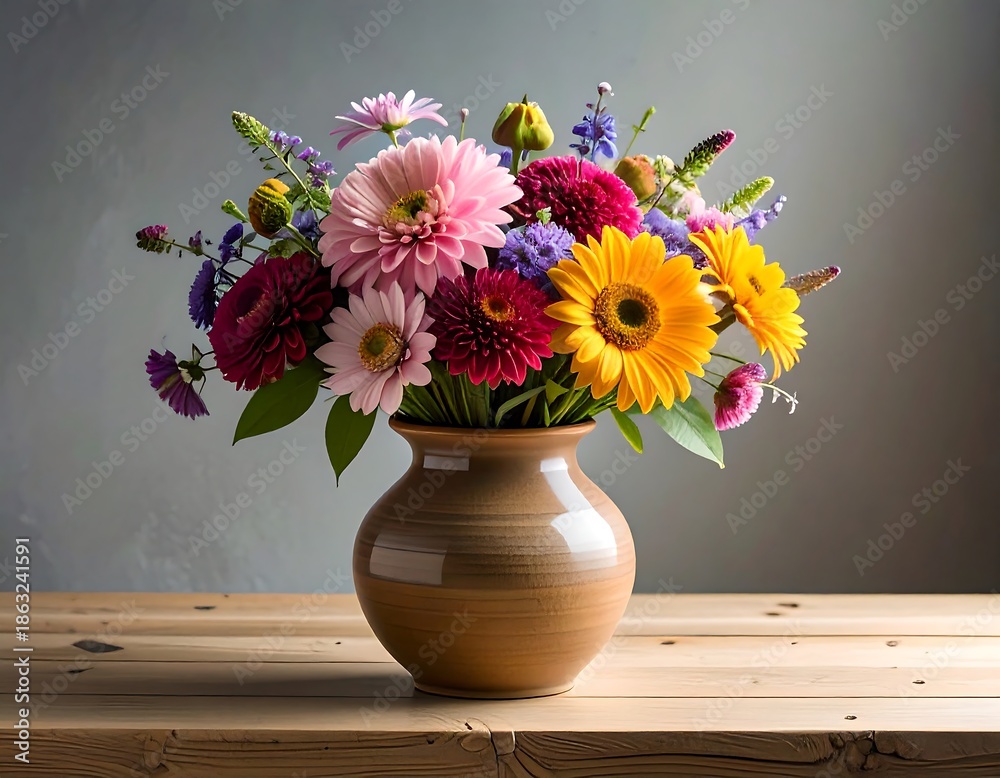 custom made wallpaper toronto digitalColorful Flowers in Clay Vase on Wooden Table.
