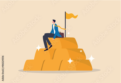 Gold investment, safe haven in financial crisis or wealth management and asset allocation concept, businessman success wealth manager, trader or rich investor sitting on stack of gold bar bullion.
