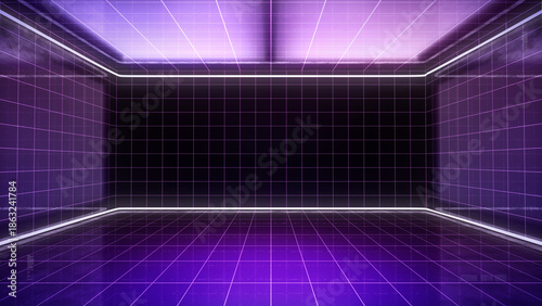 Retro aesthetic virtual studio background. A TV backdrop room with purple grid reflections, Ideal for tech shows, or live events. 3D render environment, suitable on broadcast systems with green screen