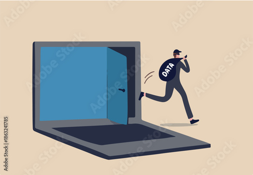 Computer hacker, cyber security, online ransomware or malware to steal personal data from computer, criminal man thief holding bag with the word DATA running away from secret door on laptop computer.