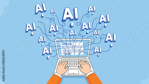 Artificial intelligence concept with a laptop and hands typing on keyboard