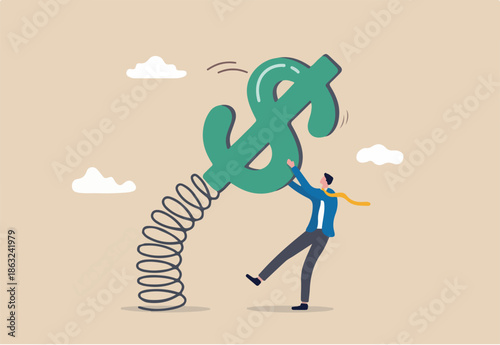 Stock market volatility and fluctuation, market swing by greed and fear of investor or financial investment risk concept, businessman investor trying to grab and pull dollar money sign tie with spring