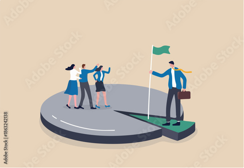 Niche market, small focused group of consumer or audience, unique or specific group of customers concept, businessman standing on small area of pie chart metaphor of niche market segment.