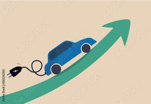 Electric car stock pice soaring, EV, electric vehicle earning and profit increase in new economy stock market concept, Electric car with plug-in cruising on rising up green stock market arrow graph. 