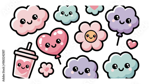 Dreamy Delight: An array of adorable and whimsical cartoon illustrations of clouds, flowers, a heart-shaped balloon, a refreshing drink and sweet, capturing a sense of joy and whimsy.