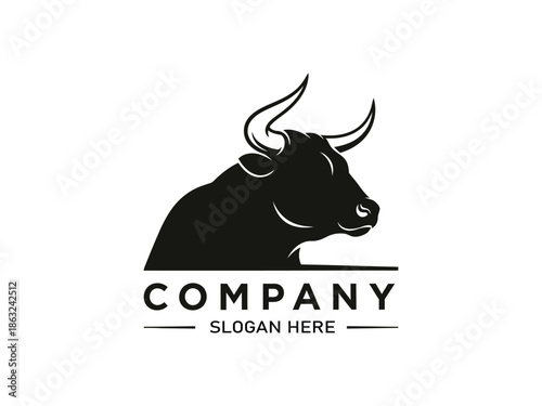 A sleek black bull head logo design with company branding elements