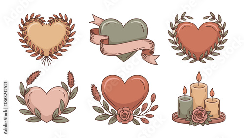 Romantic Emblems: A charming collection of heart illustrations, adorned with decorative elements such as wreaths, ribbons, and candles, celebrating love and romance.