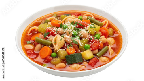 Hearty vegetable soup with pasta beans and cheese isolated on transparent background